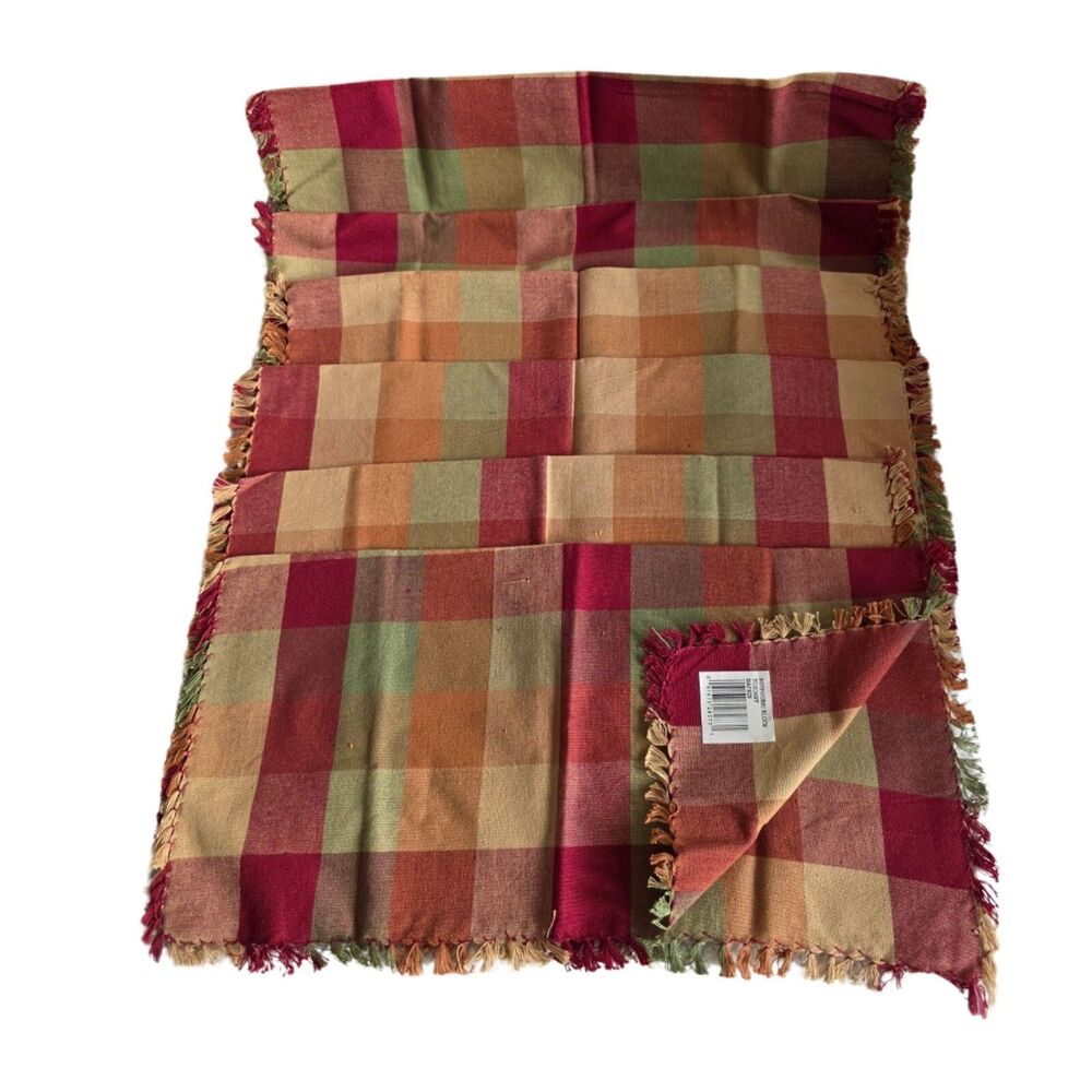 Plaid Cloth Napkins with Fringe 17x17 Red Green Orange Beige Set Of 6 Farmhouse